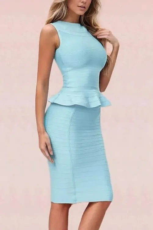 Woman wearing a figure flattering  Leni Bandage Top and Pencil Skirt Set - Sky Blue BODYCON COLLECTION