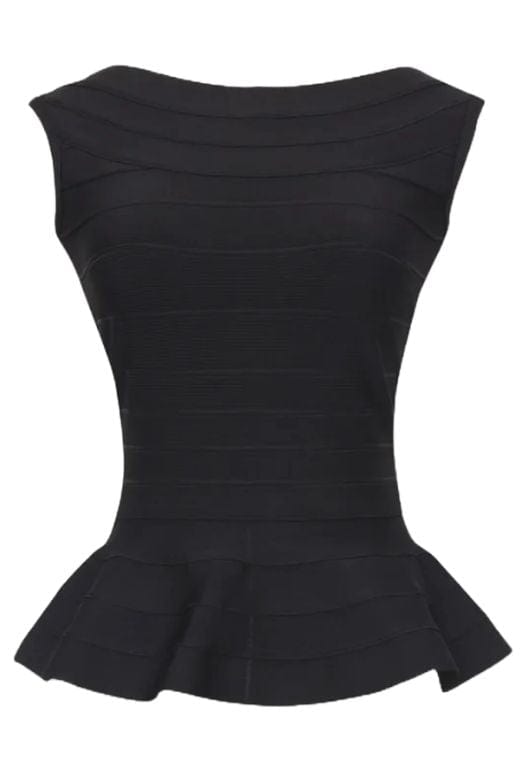 Woman wearing a figure flattering  Leni Bandage Top - Classic Black BODYCON COLLECTION