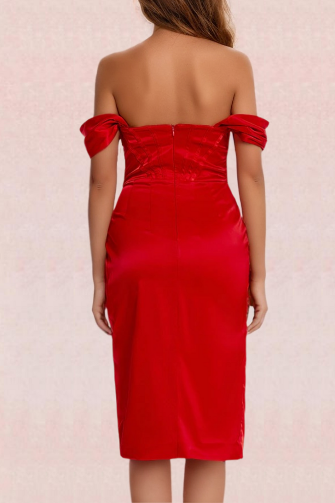 Woman wearing a figure flattering  Leona Bodycon Dress - Lipstick Red BODYCON COLLECTION