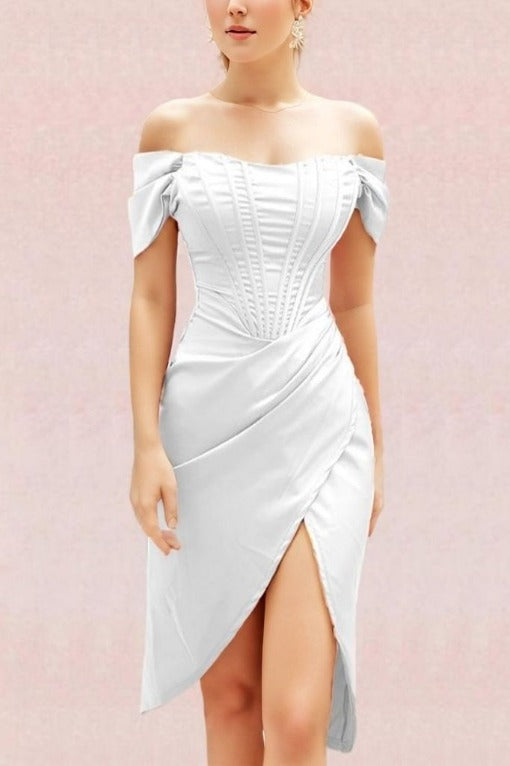 Woman wearing a figure flattering  Leona Bodycon Dress - Pearl White BODYCON COLLECTION