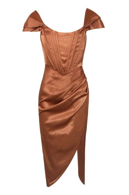 Woman wearing a figure flattering  Leona Bodycon Dress - Tan Brown BODYCON COLLECTION
