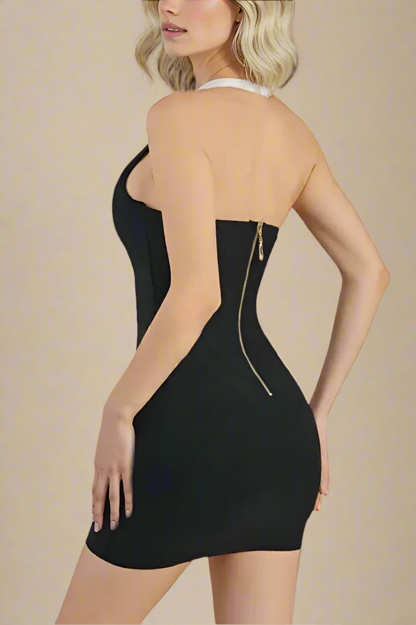 Woman wearing a figure flattering  Leone Bandage Mini Dress - Classic Black BODYCON COLLECTION Pty Ltd