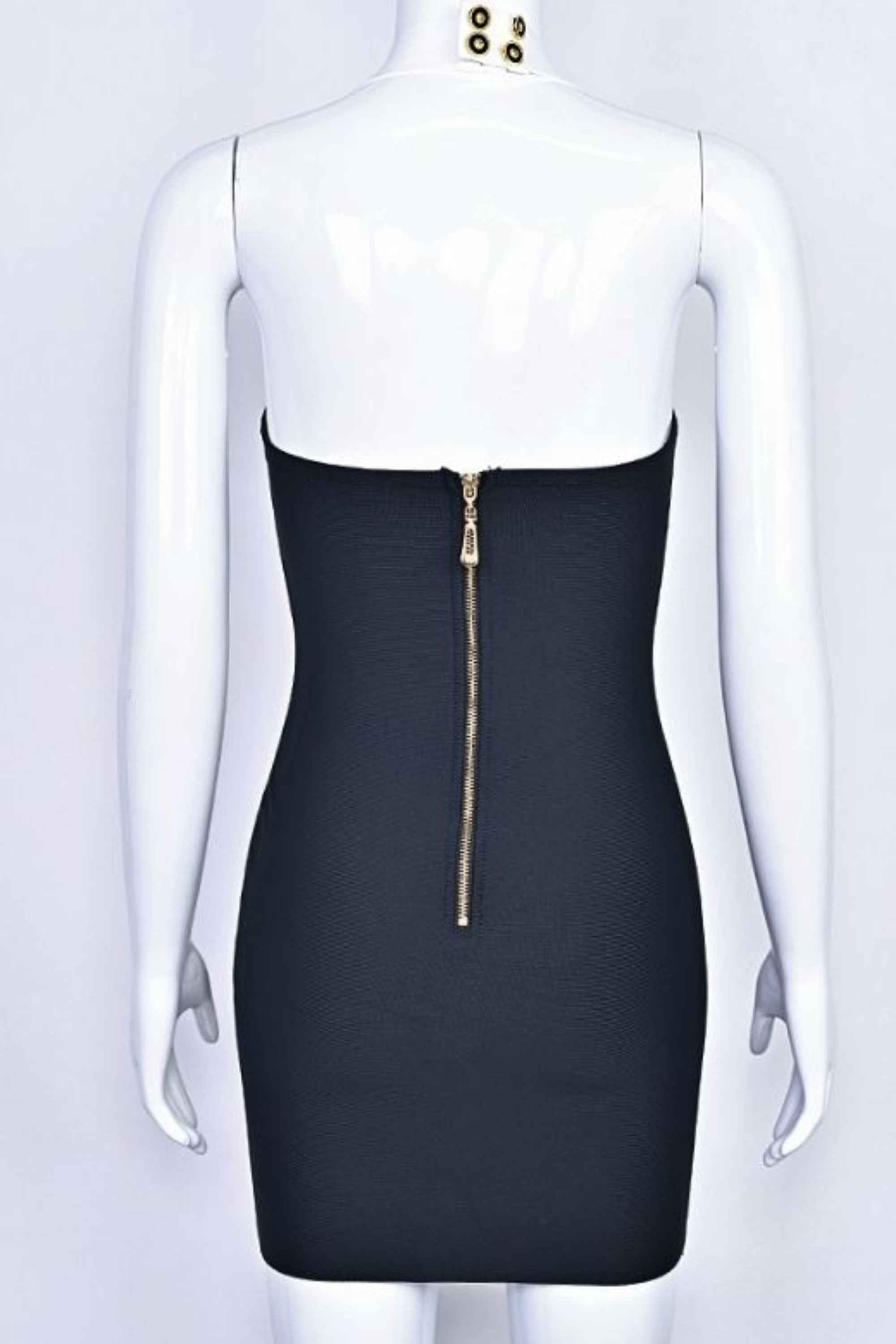 Woman wearing a figure flattering  Leone Bandage Mini Dress - Classic Black BODYCON COLLECTION Pty Ltd