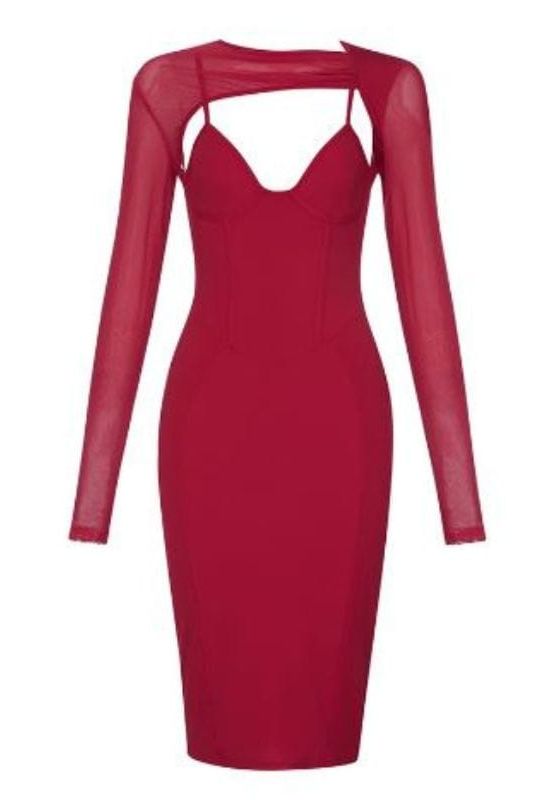 Woman wearing a figure flattering  Lexi Bodycon Midi Dress - Red Wine BODYCON COLLECTION