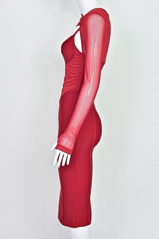 Woman wearing a figure flattering  Lexi Long Sleeve Bodycon Midi Dress - Red Wine BODYCON COLLECTION