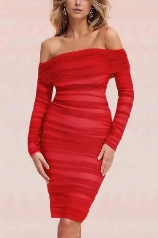 Woman wearing a figure flattering  Lila Bodycon Wrap Long Sleeve Dress - Lipstick Red BODYCON COLLECTION