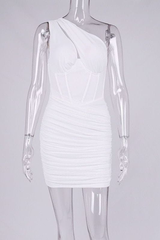 Woman wearing a figure flattering  Lily Bodycon Wrap Mini Dress - Pearl White BODYCON COLLECTION