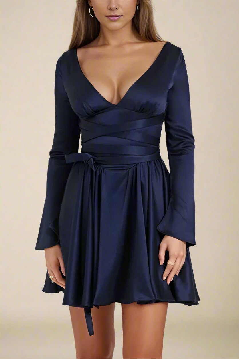 Woman wearing a figure flattering  Lily Long Sleeve Bodycon Mini Dress - Navy Blue BODYCON COLLECTION