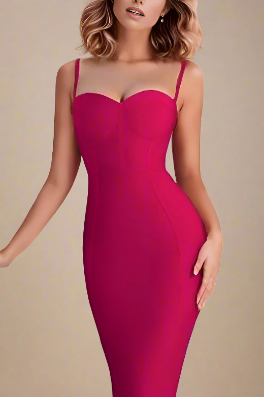 Woman wearing a figure flattering  Lina Bandage Midi Dress - Magenta Pink BODYCON COLLECTION