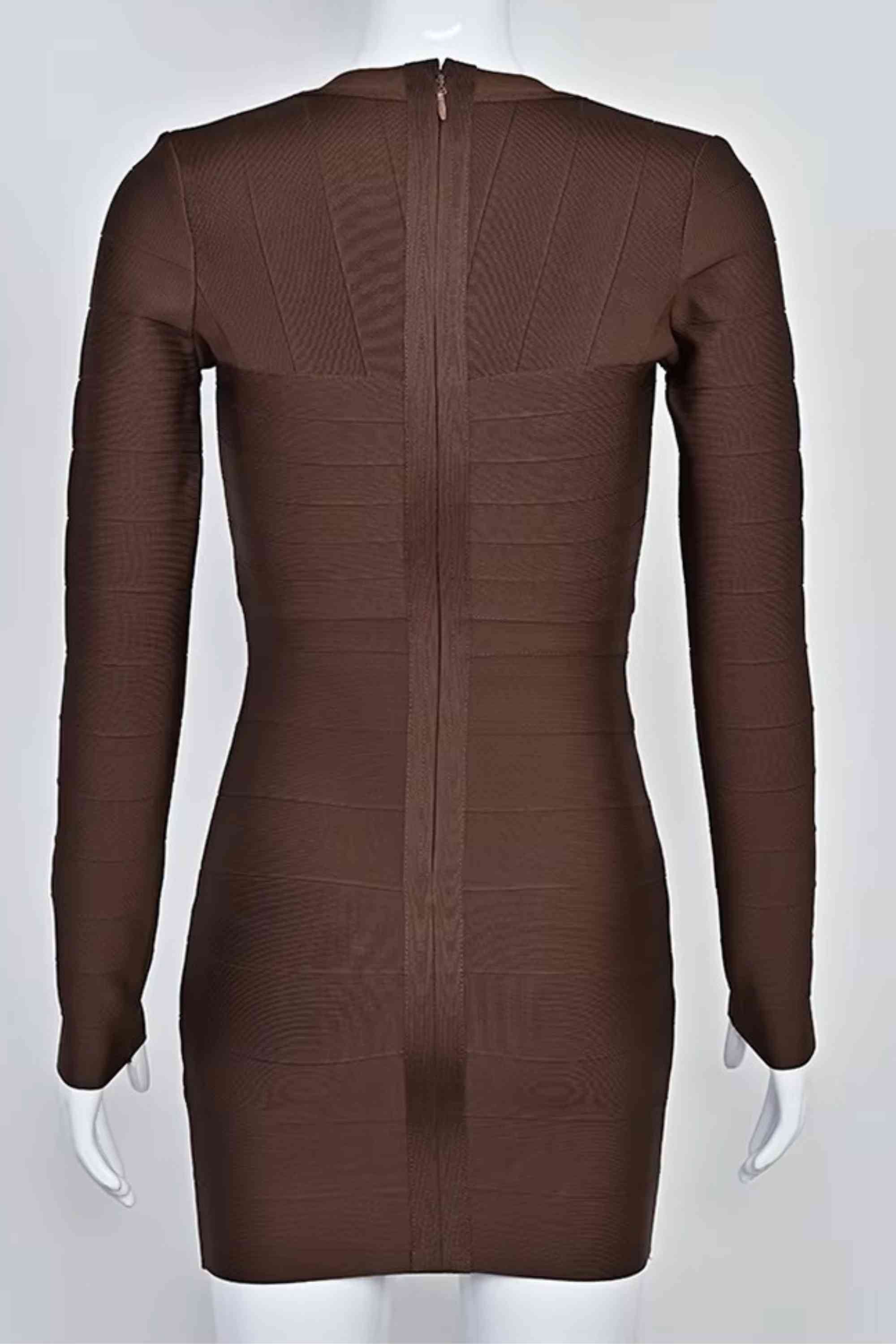Woman wearing a figure flattering  Lisa Long Sleeve Bandage Mini Dress - Chocolate Brown BODYCON COLLECTION Pty Ltd