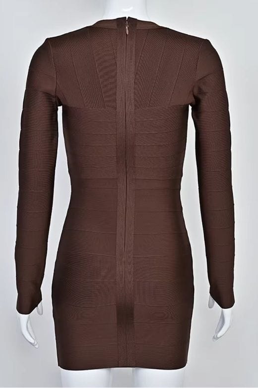 Woman wearing a figure flattering  Lisa Long Sleeve Bandage Mini Dress - Chocolate Brown BODYCON COLLECTION Pty Ltd