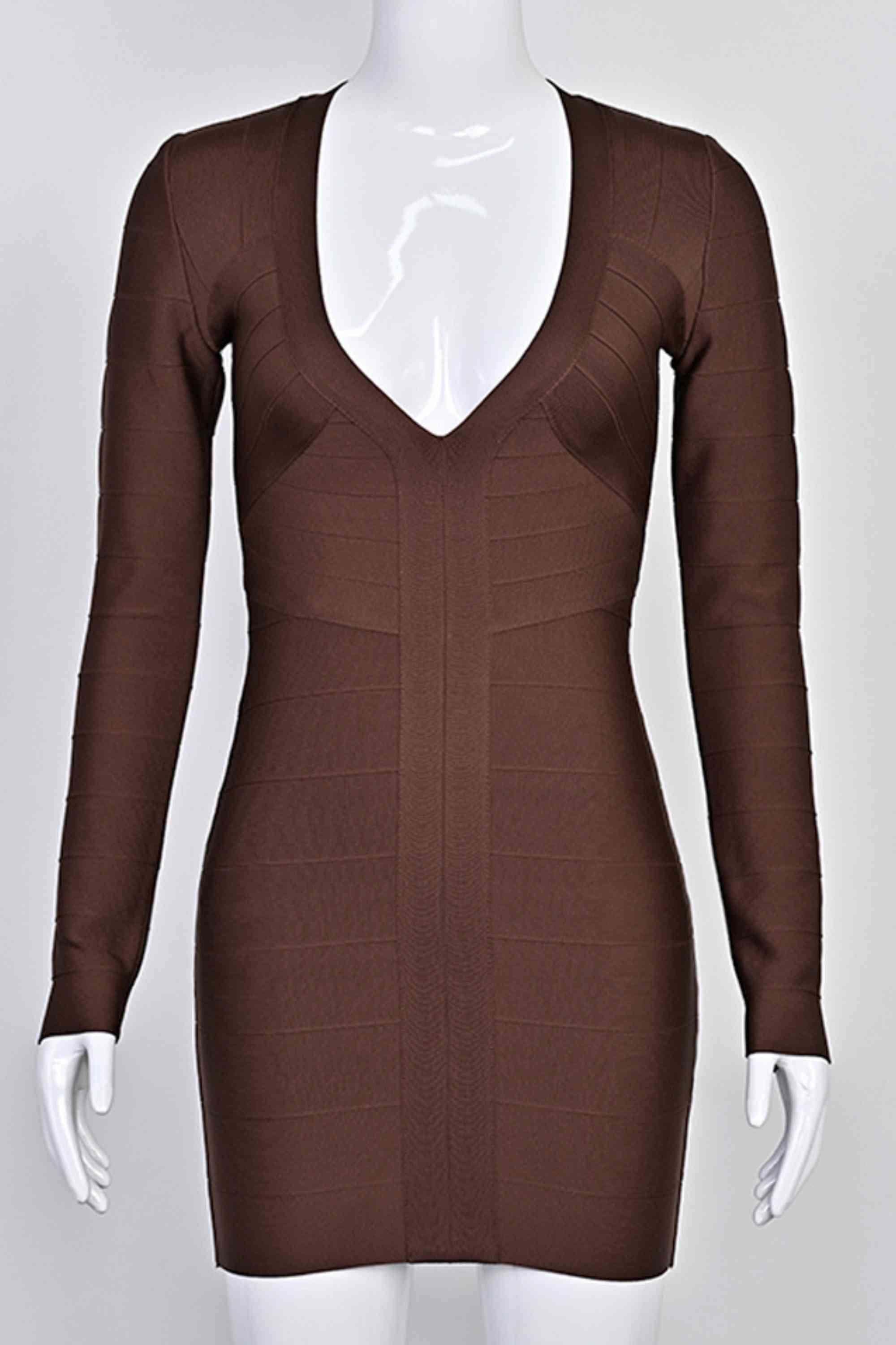Woman wearing a figure flattering  Lisa Long Sleeve Bandage Mini Dress - Chocolate Brown BODYCON COLLECTION Pty Ltd