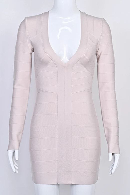Woman wearing a figure flattering  Lisa Long Sleeve Bandage Mini Dress - Cream BODYCON COLLECTION Pty Ltd