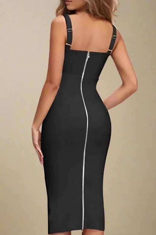 Woman wearing a figure flattering  Lola Bodycon Midi Dress - Classic Black BODYCON COLLECTION