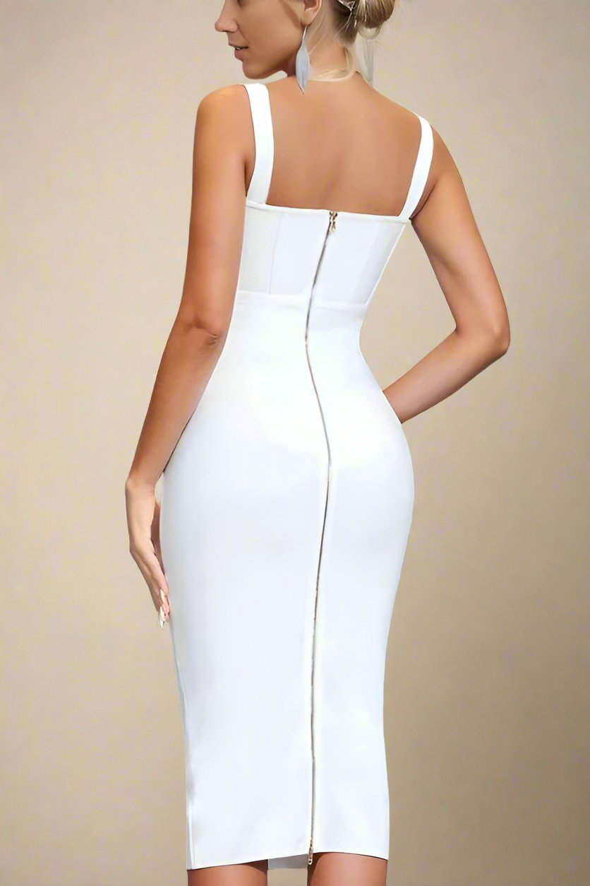 Woman wearing a figure flattering  Lola Bodycon Midi Dress - Pearl White BODYCON COLLECTION