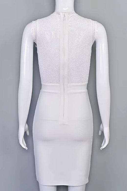 Woman wearing a figure flattering  Lori Bodycon Dress - White Pearl BODYCON COLLECTION Pty Ltd