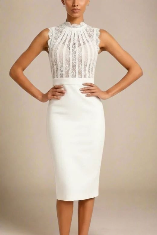 Woman wearing a figure flattering  Lori Bodycon Dress - White Pearl BODYCON COLLECTION Pty Ltd