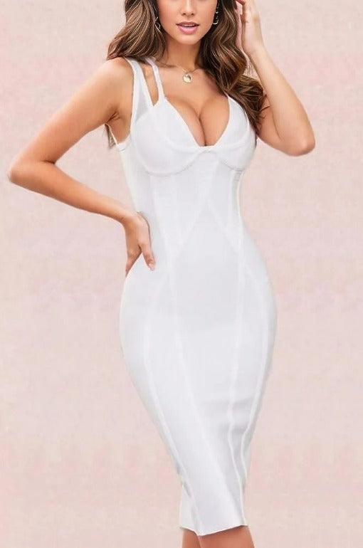 Woman wearing a figure flattering  Lucy Bandage Midi Dress - Pearl White BODYCON COLLECTION