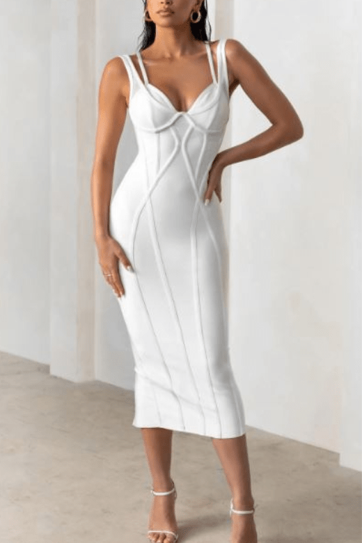 Woman wearing a figure flattering  Lucy Bandage Midi Dress - Pearl White BODYCON COLLECTION