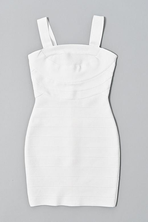 Woman wearing a figure flattering  Lulu Bandage Mini Dress - Pearl White BODYCON COLLECTION