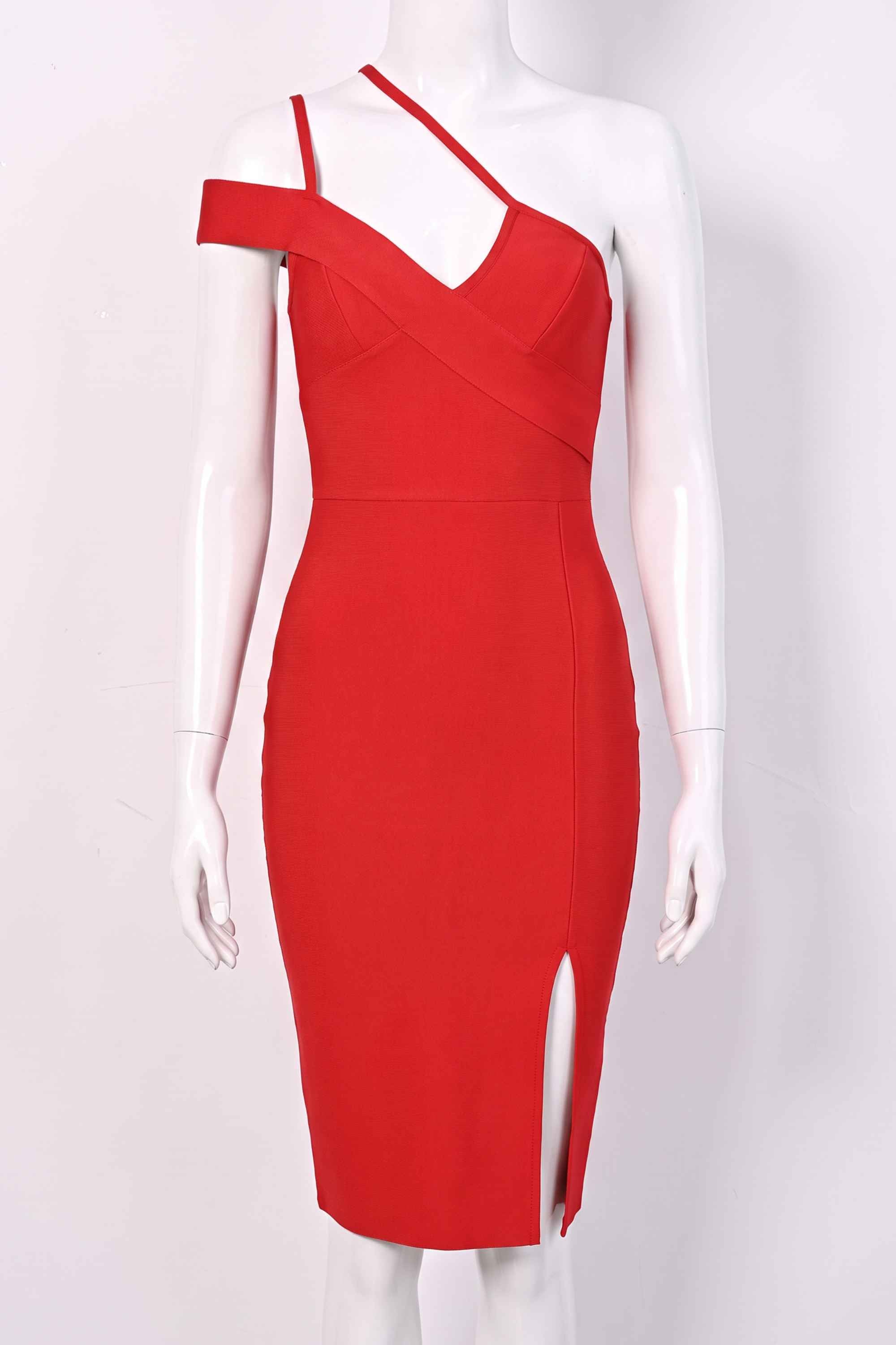 Woman wearing a figure flattering  Luna Bodycon Dress - Lipstick Red Bodycon Collection