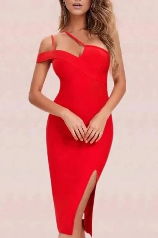 Woman wearing a figure flattering  Luna Bodycon Dress - Lipstick Red Bodycon Collection