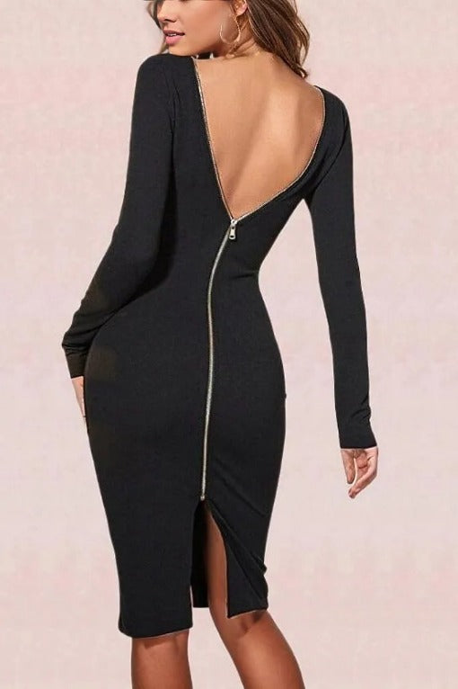 Woman wearing a figure flattering  Lyn Long Sleeve Bandage Dress - Classic Black BODYCON COLLECTION