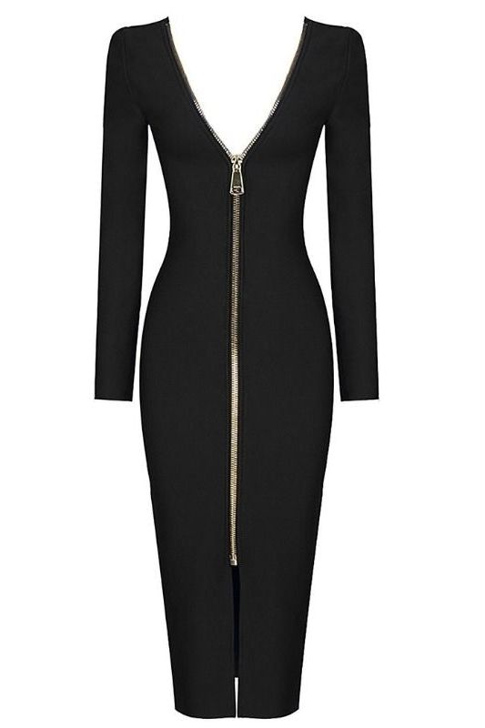 Woman wearing a figure flattering  Lyn Long Sleeve Bandage Dress - Classic Black BODYCON COLLECTION