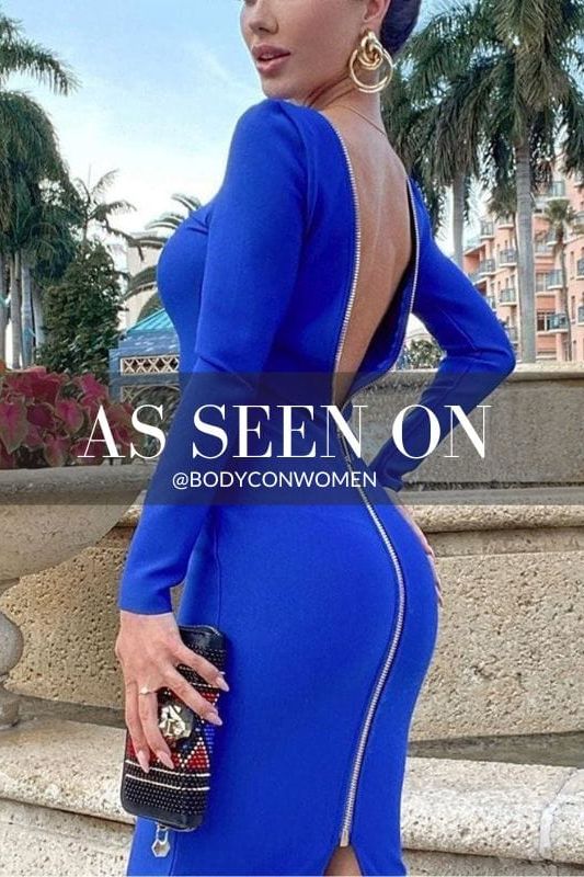 Woman wearing a figure flattering  Lyn Long Sleeve Bandage Dress - Royal Blue BODYCON COLLECTION