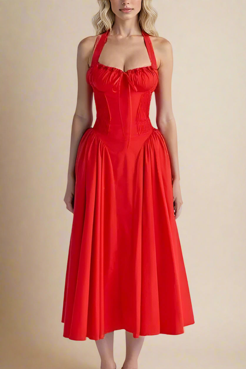 Woman wearing a figure flattering  Lynsie Bodycon Midi Dress - Lipstick Red BODYCON COLLECTION