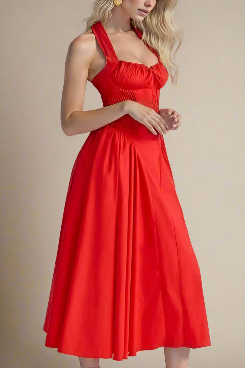 Woman wearing a figure flattering  Lynsie Bodycon Midi Dress - Lipstick Red BODYCON COLLECTION