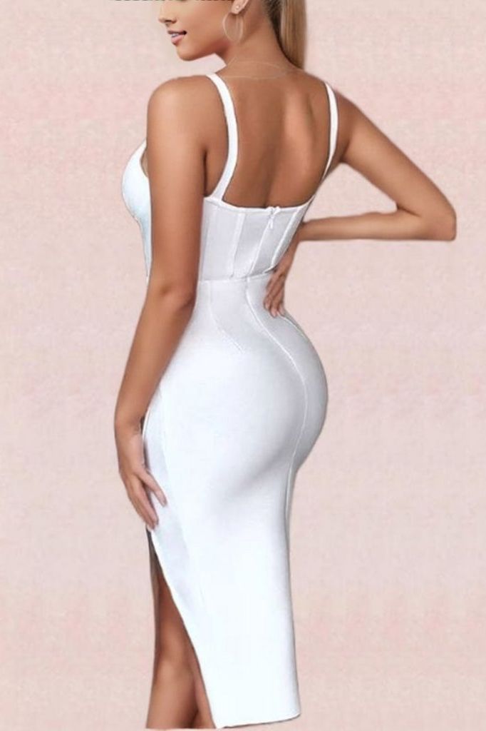 Woman wearing a figure flattering  Maddi Bandage Dress - Pearl White BODYCON COLLECTION