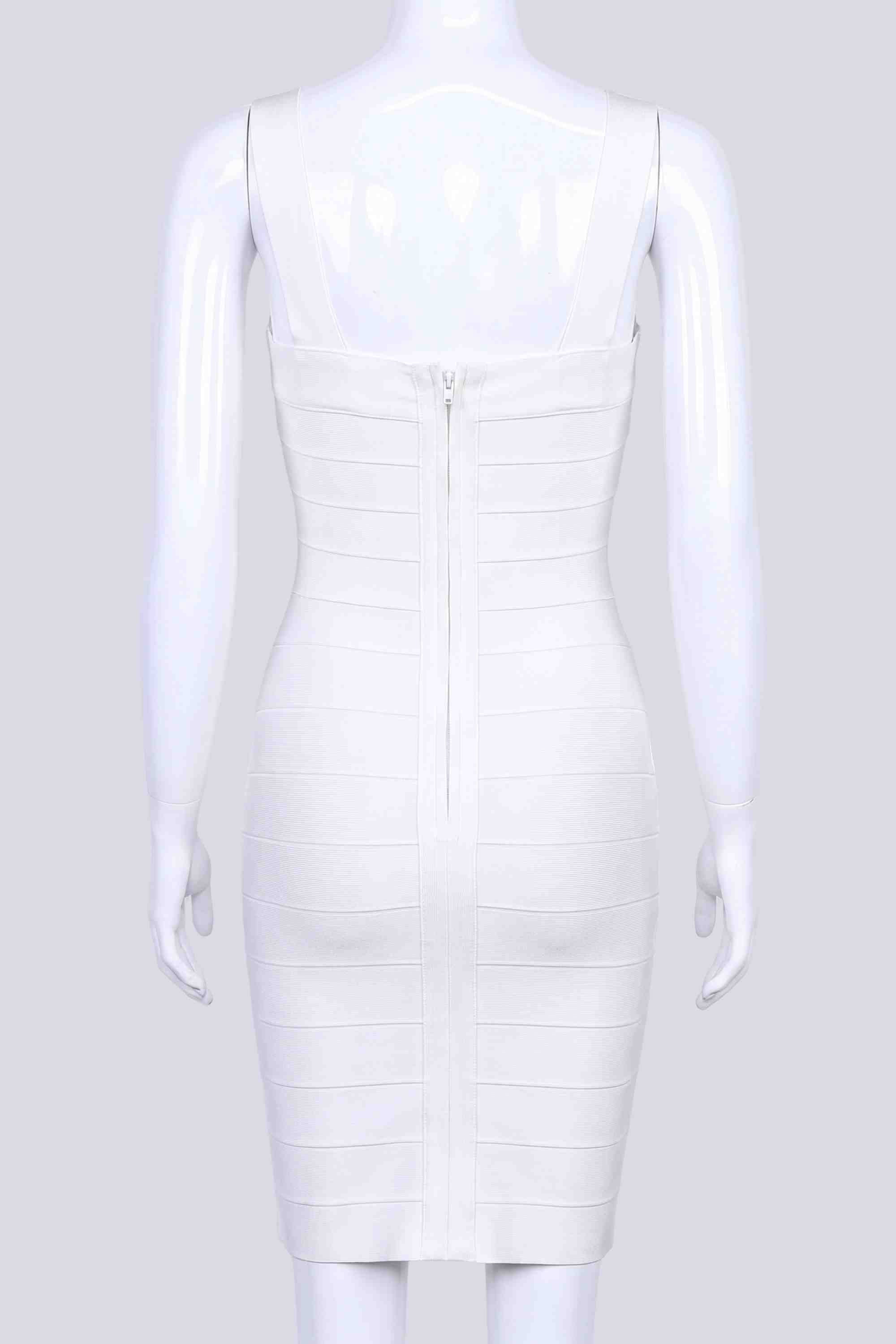 Woman wearing a figure flattering  Madelyn Bandage Mini Dress - White Pearl BODYCON COLLECTION Pty Ltd
