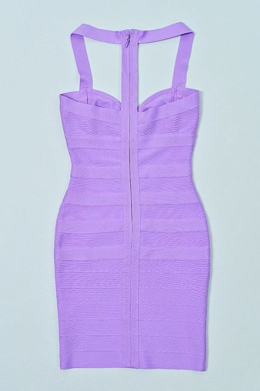 Woman wearing a figure flattering  Mara Bandage Mini Dress - Violet Purple BODYCON COLLECTION