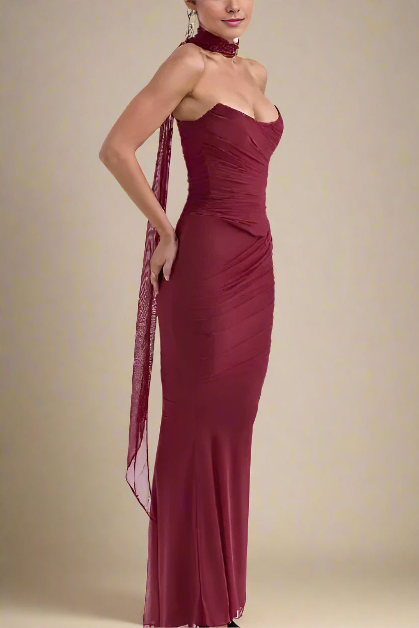 Woman wearing a figure flattering  Margot Wrap Top and Maxi Skirt Outfit Set - Red Wine BODYCON COLLECTION