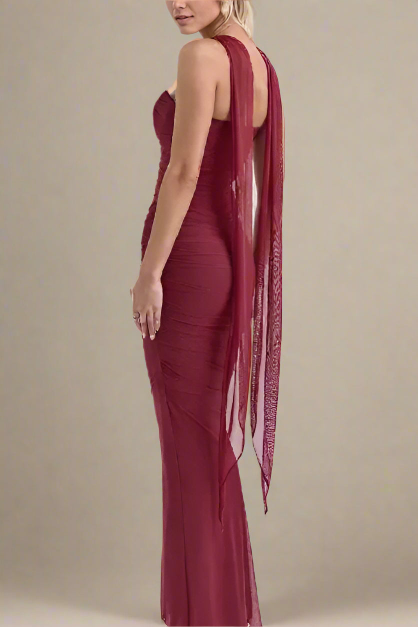 Woman wearing a figure flattering  Margot Wrap Top and Maxi Skirt Outfit Set - Red Wine BODYCON COLLECTION