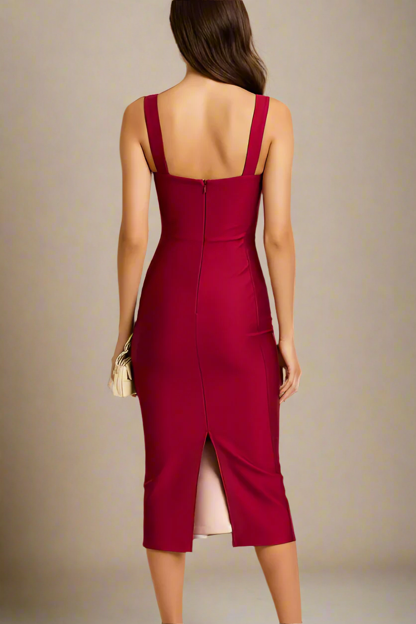 Woman wearing a figure flattering  Marilyn Bodycon Wrap Midi Dress - Red Wine BODYCON COLLECTION