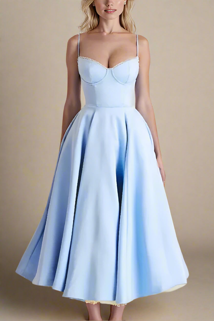 Woman wearing a figure flattering  Mavis Bodycon Midi Dress - Baby Blue BODYCON COLLECTION