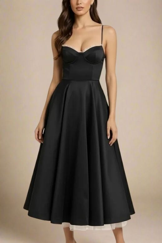 Woman wearing a figure flattering  Mavis Bodycon Midi Dress - Classic Black BODYCON COLLECTION