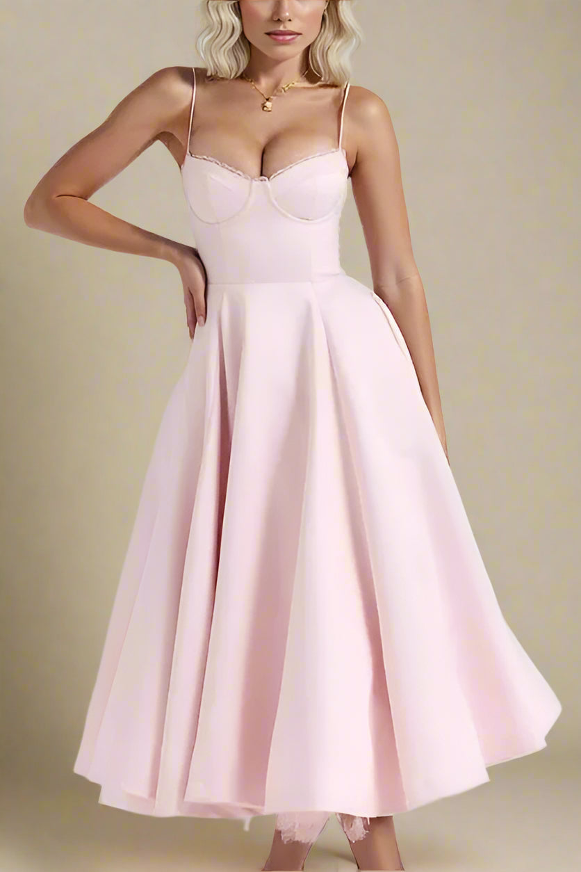 Woman wearing a figure flattering  Mavis Bodycon Midi Dress - Dusty Pink BODYCON COLLECTION