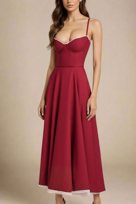 Woman wearing a figure flattering  Mavis Midi Dress - Berry Red BODYCON COLLECTION