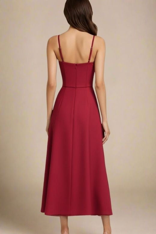 Woman wearing a figure flattering  Mavis Midi Dress - Berry Red BODYCON COLLECTION