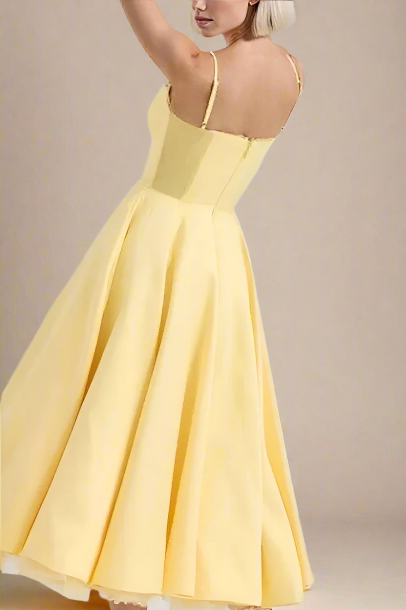 Woman wearing a figure flattering  Mavis Midi Dress - Sun Yellow BODYCON COLLECTION
