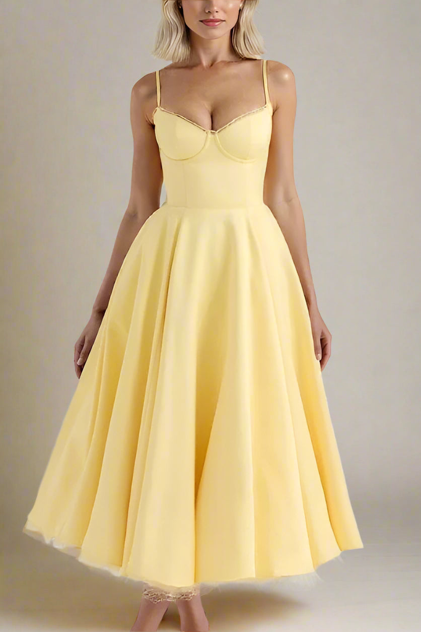 Woman wearing a figure flattering  Mavis Midi Dress - Sun Yellow BODYCON COLLECTION