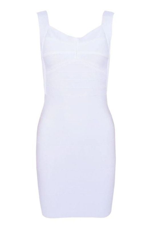 Woman wearing a figure flattering  Maya Bandage Mini Dress - Pearl White BODYCON COLLECTION