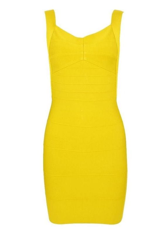Woman wearing a figure flattering  Maya Bandage Mini Dress - Sun Yellow BODYCON COLLECTION
