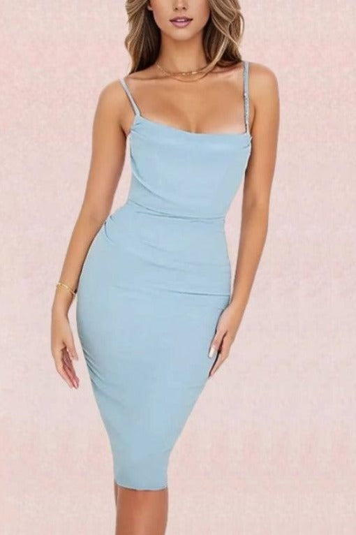 Woman wearing a figure flattering  Megan Bodycon Dress - Sky Blue BODYCON COLLECTION