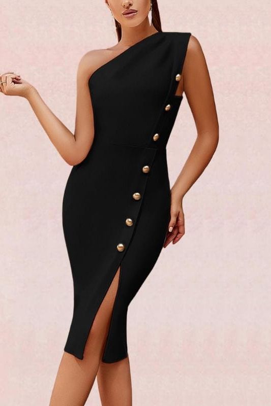 Woman wearing a figure flattering  Mel Bodycon Midi Dress - Classic Black BODYCON COLLECTION