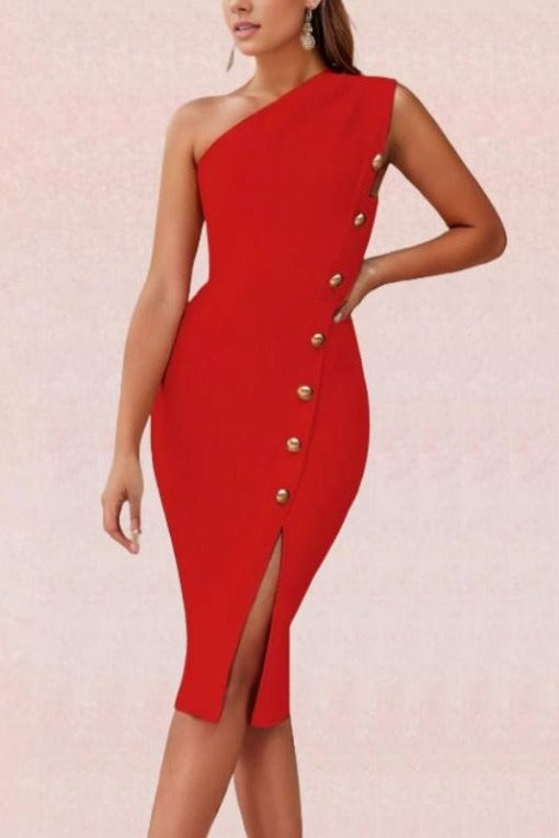 Woman wearing a figure flattering  Mel Bodycon Midi Dress - Lipstick Red BODYCON COLLECTION
