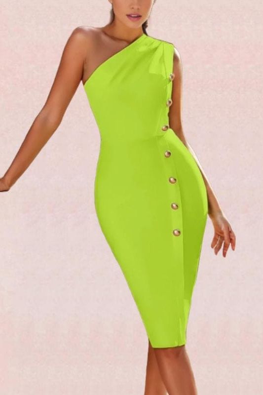 Woman wearing a figure flattering  Mel Bodycon Midi Dress - Neon Green BODYCON COLLECTION
